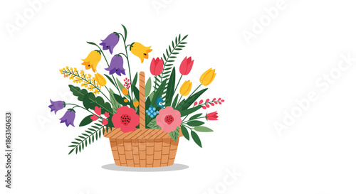 Woven wicker basket filled with a variety of colorful spring flowers including tulips and bluebells is presented in a flat vector style.