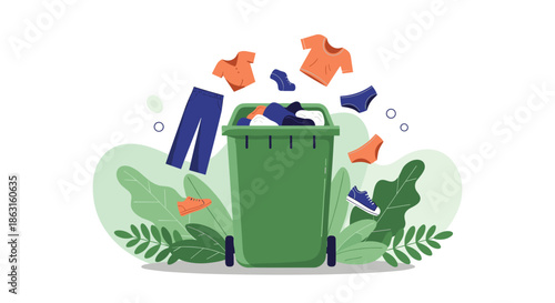 Green recycling bin overflowing with discarded clothes and shoes highlights the importance of sustainable fashion and textile waste management.