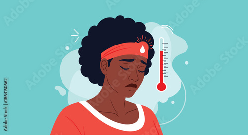 Ill woman with a high fever wearing a headband and a thermometer beside her depicts illness symptoms and the need for medical care.