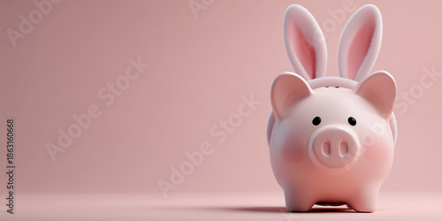 Pink piggy bank with bunny ears on a pastel background, symbolizing spring savings, holiday finance, and gifting copy space banner