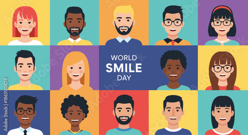 Diverse group of people from different ethnicities and backgrounds smile together in a colorful grid for World Smile Day celebration.