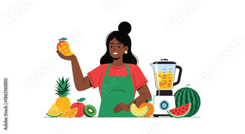 Woman prepares a fresh fruit smoothie with a blender and various colorful fruits like pineapple and watermelon on a kitchen counter.