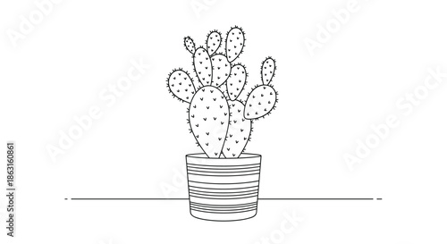 Prickly pear cactus in a striped ceramic pot is shown in a simple black and white line art style for minimalist home decor themes.