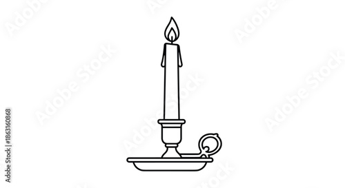 Classic candle in a traditional metal holder with a burning flame is depicted in a simple black outline style for warm cozy lighting.