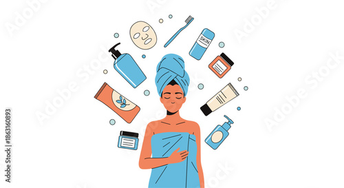 Woman wearing a towel on her head is surrounded by various skincare products like lotions and masks for a relaxing beauty routine.