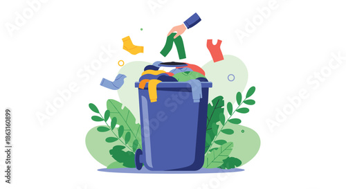Hand dropping a green garment into a blue bin filled with clothes emphasizes the positive impact of clothing donation and recycling.