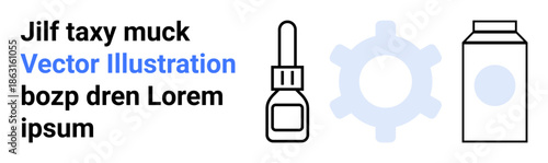 Technology, packaging, development, manufacturing, product design, industry. Gear, dropper bottle and milk carton symbols with modern styling. Technology and packaging concept