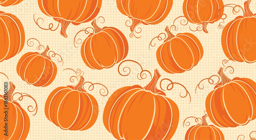 Pattern of bright orange pumpkins with curly green stems on a dotted background creates a festive and autumnal harvest theme for fall.