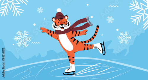 Cute cartoon tiger wearing a hat and scarf enjoys ice skating on a frozen pond surrounded by snowflakes in a winter scene illustration.