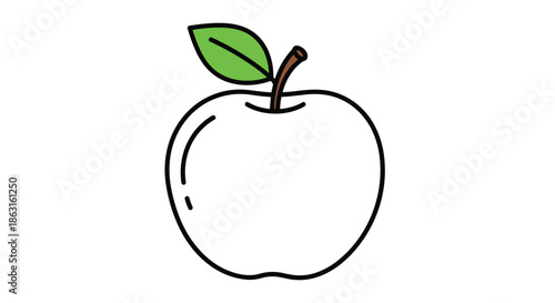 Simple outline drawing of a green apple with a single leaf represents healthy snacking and fresh fruit in a minimalist vector style.