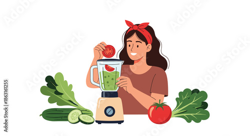 Young woman adds a fresh tomato slice to a blender while making a healthy green vegetable smoothie in a cheerful kitchen setting.