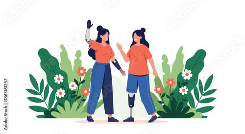 Two smiling young women with prosthetic limbs stand together in a flower garden celebrating diversity and friendship in an inclusive way.