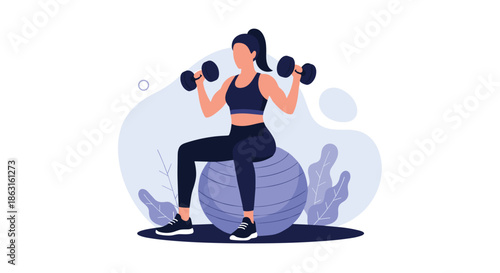 Strong woman sitting on a blue fitness ball and lifting two black dumbbells to improve her physical strength and stamina.