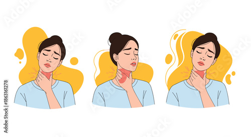 Young woman suffering from severe sore throat and neck pain represented in three different and expressive illustrative styles.