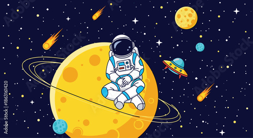 Adventurous astronaut sitting in meditation on a yellow ringed planet in a dark space filled with stars and flying UFOs.