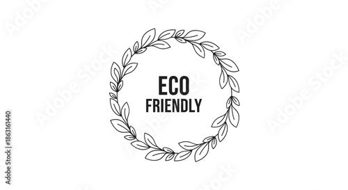 Minimalist black line drawing of a circular leaf wreath with the text eco friendly placed clearly in the center.