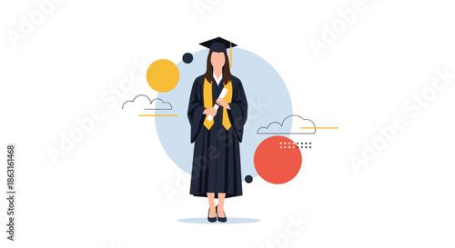 Proud female graduate wearing a black academic cap and gown holding a diploma scroll against an abstract background.