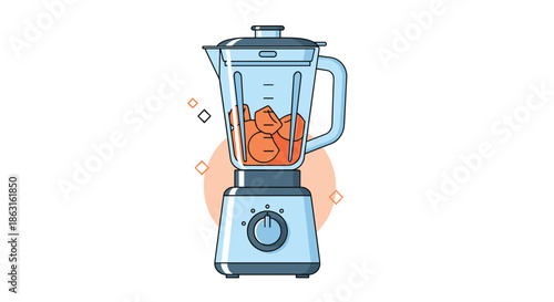 Electric kitchen blender with fresh chopped orange vegetables inside preparing a healthy smoothie or puree on white background.