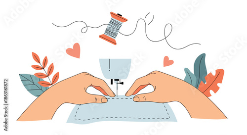 Close up of human hands sewing a piece of blue fabric with a needle and thread showing handmade craft and hobby.