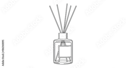 Minimalist outline of a reed diffuser bottle with sticks for home fragrance and aromatherapy on white background.