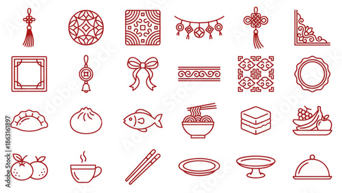 Collection of Red Chinese New Year Icons and Food Elements. EPS Editable