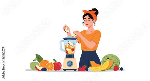 Young woman in an orange shirt making a healthy fruit smoothie using a blender with various fresh fruits on a table.