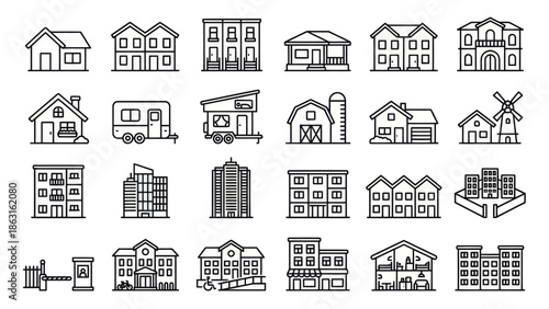 Collection of various handdrawn building and house icons showcasing diverse architectural styles and urban structures. EPS Editable