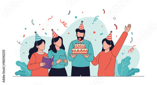 Group of friends wearing party hats celebrating a birthday with a tiered cake and confetti in a happy festive scene.