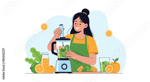 Young woman making a healthy green smoothie with spinach and fruits in a kitchen blender for a wellness lifestyle.