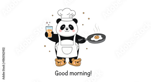 Cute cartoon panda chef holding a glass of juice and frying an egg in a pan with a Good morning greeting message.