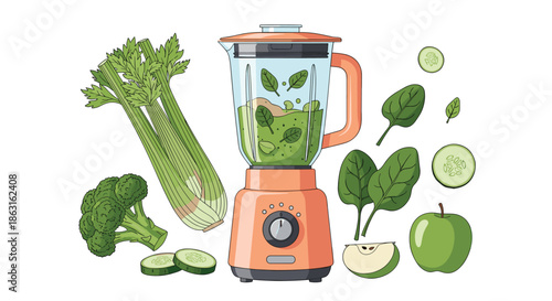 Professional kitchen blender with fresh green vegetables like celery and broccoli for making a healthy detox juice.
