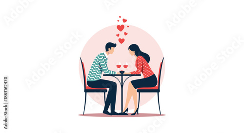 Romantic couple having a dinner date with wine and hearts in a warm and intimate atmosphere inside a circle frame.