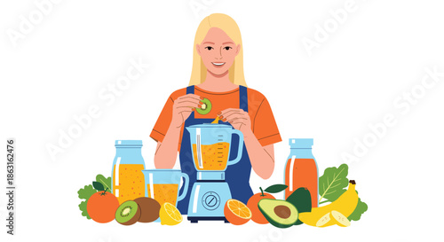 Smiling blonde woman preparing a healthy fruit smoothie using a blender with fresh oranges, kiwis, and bananas.