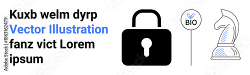 Security, eco-friendly, strategy, protection, decision-making, symbolism. Black lock, bio label with leaf icon and chess knight icon. Security and eco-friendliness highlighted
