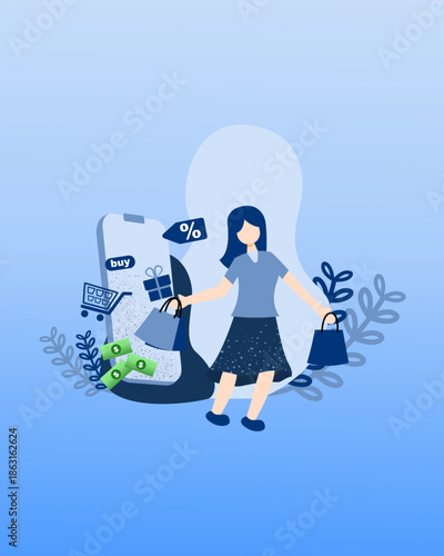 Simple shopping vector illustration with blue theme