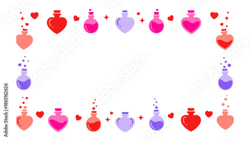 Potion of Love Frame: A charming frame design featuring a series of heart-shaped bottles filled with colorful love potions, each emitting charming bubbles and tiny hearts.