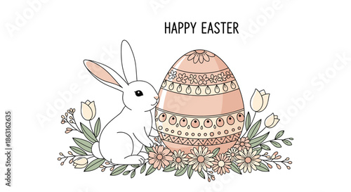 Cute white easter bunny sitting next to a large decorated egg and spring flowers for holiday greeting.