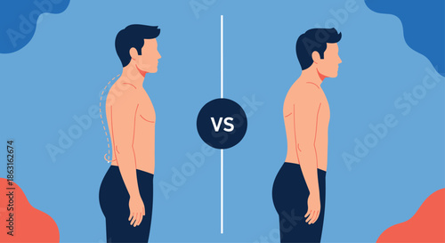 Side view illustration comparing correct and incorrect male posture showing spinal alignment differences.