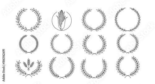 Collection of twelve different hand drawn laurel wreaths and circular grain frames in black ink style.
