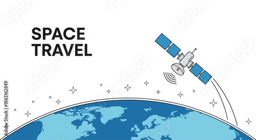 Space travel illustration with a satellite orbiting the earth against a white background with stars.