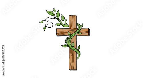 Beautiful hand drawn illustration of a wooden christian cross intertwined with a green leafy vine.
