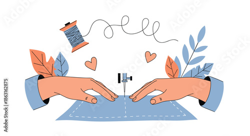Hands sewing a piece of blue fabric with a needle and thread in a creative fashion workshop illustration.