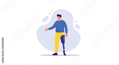 Flat illustration of a man with a prosthetic leg standing confidently against a simple abstract background.