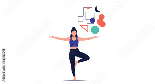 Illustration of a woman practicing yoga in a tree pose with colorful abstract geometric shapes floating.