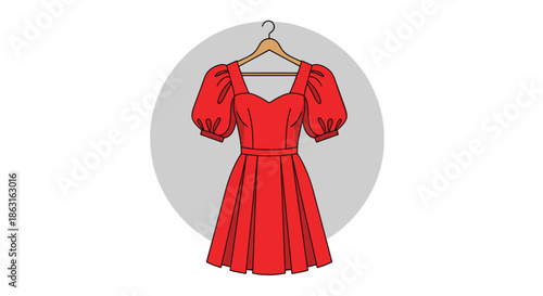 Stylish red dress with puff sleeves hanging on a wooden hanger against a neutral gray background.