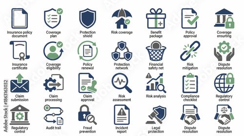 Comprehensive Set of Insurance and Protection Icons for Business and Legal Concepts. EPS Editable