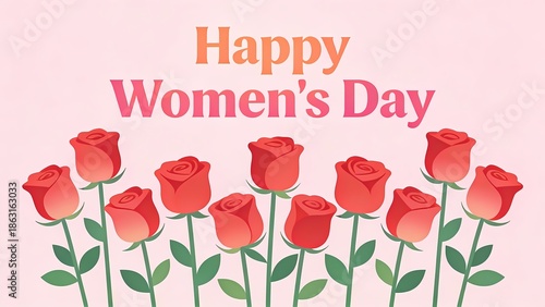 Happy Womens Day greeting card with beautiful red roses and floral background.