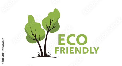 Eco friendly graphic design with two stylized green trees and bold green text on a white background.