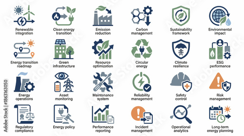 Comprehensive Set of Sustainability and Energy Management Icons. EPS Editable