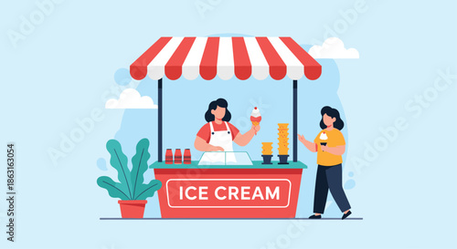 Female vendor serving a delicious ice cream cone to a customer at a colorful outdoor stand under a red and white striped awning.